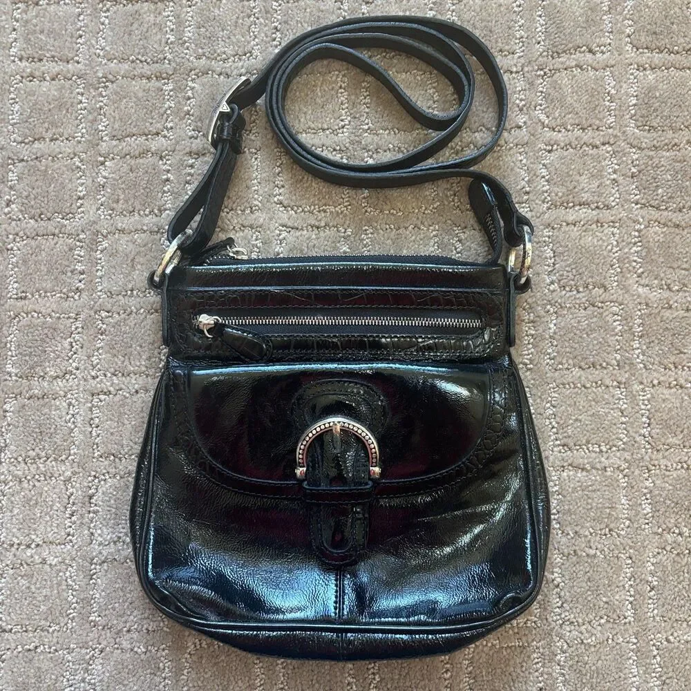 Brighton Bali Shine Patent Leather Crossbody Purse Black Organizer Zip Closure